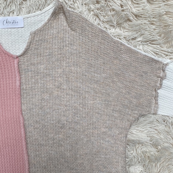 Christie Jenny Boston Waffle Notch Collar Waffle Top 💗 Pink Oatmeal & White - Picture 7 of 15